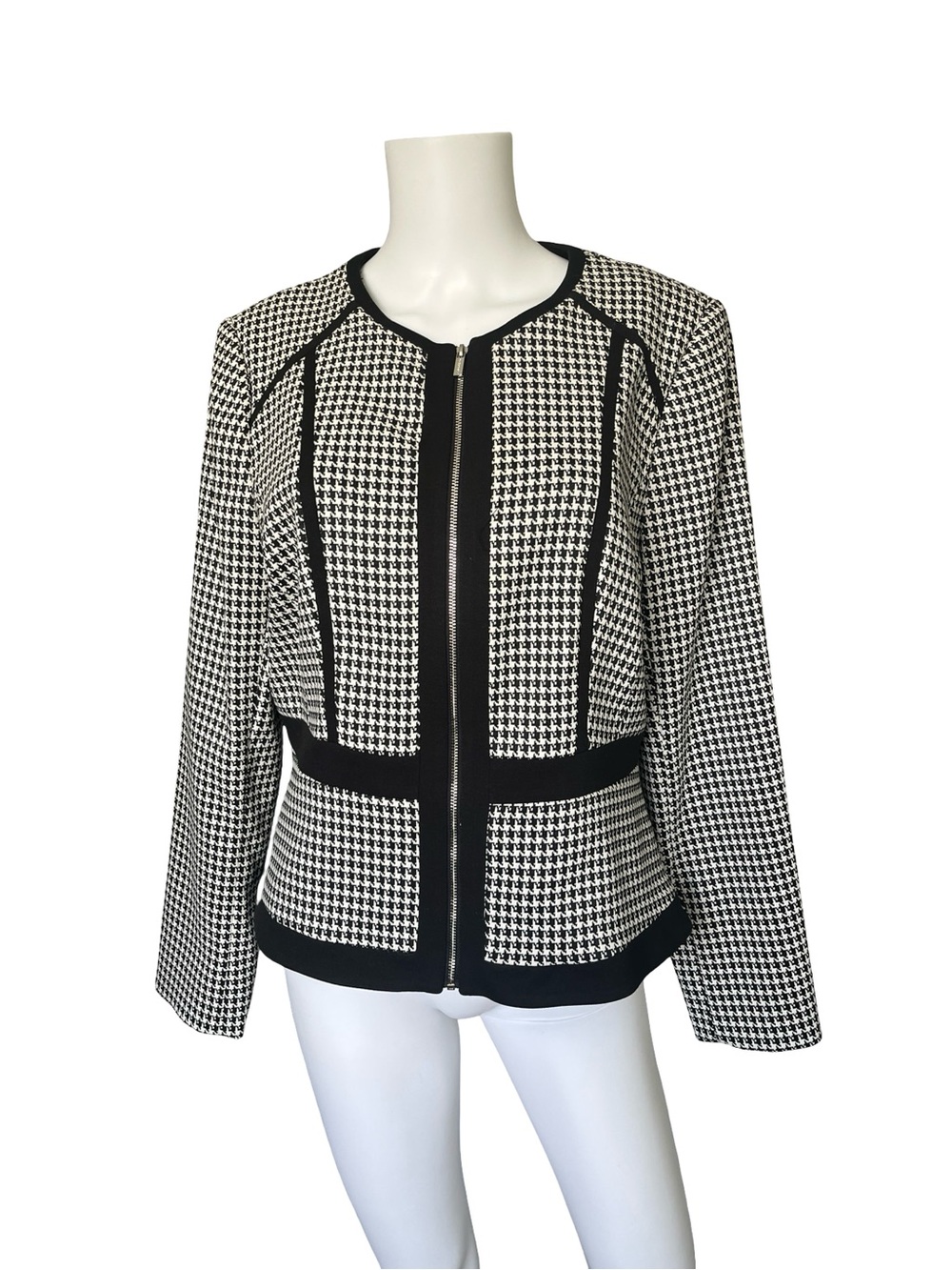 Calvin Klein Houndstooth Zip Jacket Black White Chic Professional Womens Size 12